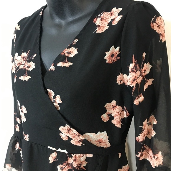 Sassafras Black and Pink Floral Wrap Maxi Dress Lined 3/4 Bell Sleeves Medium - Picture 4 of 7